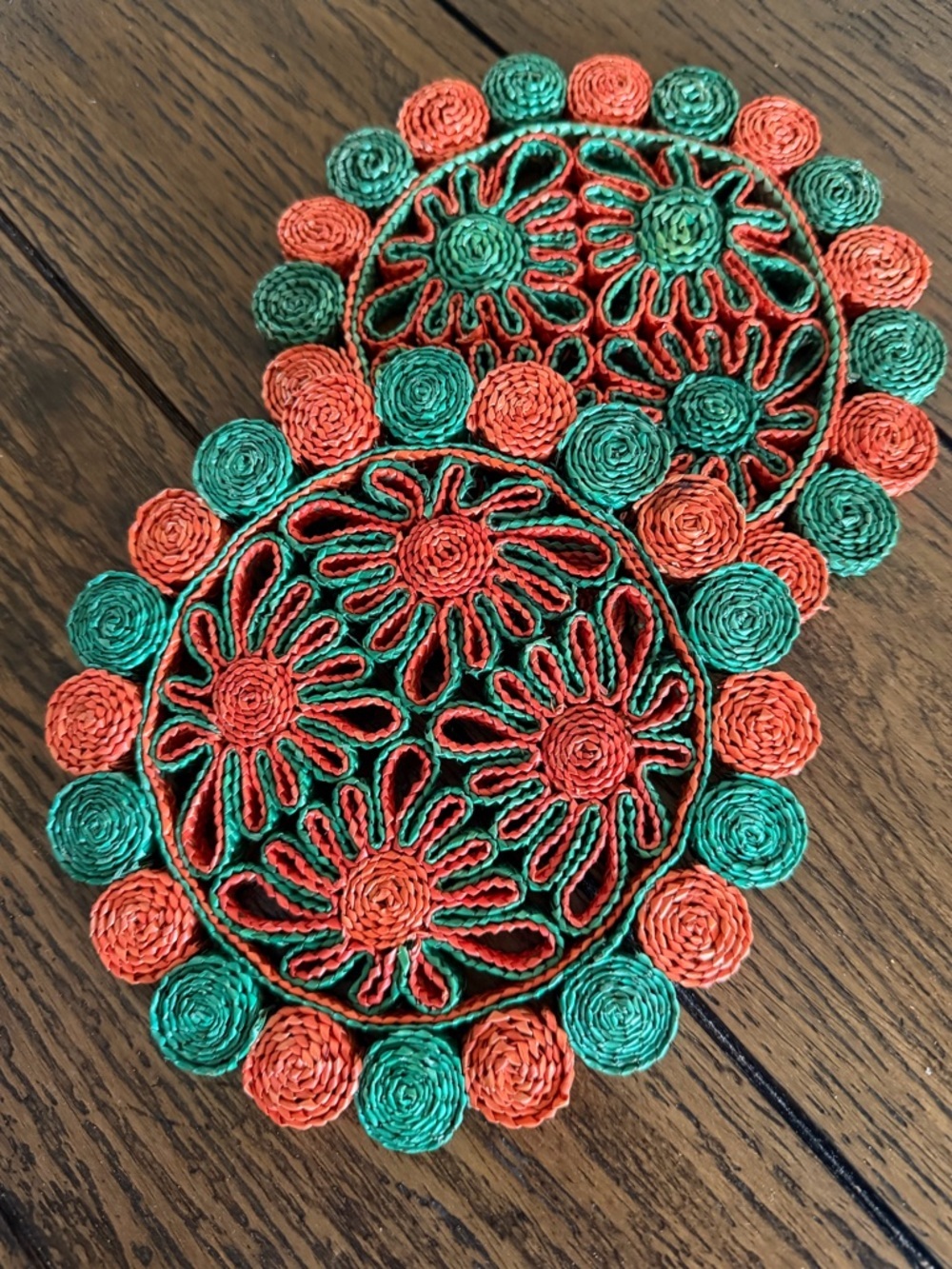 Vintage Woven Raffia Hot Pad Pot Holder Trivet‎ Flower Set Of 2